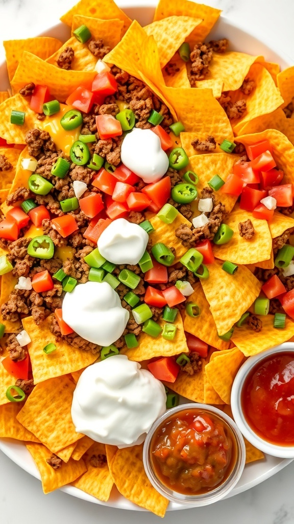 A colorful plate of loaded nachos with cheese, beef, jalapeños, and toppings, served with dips.